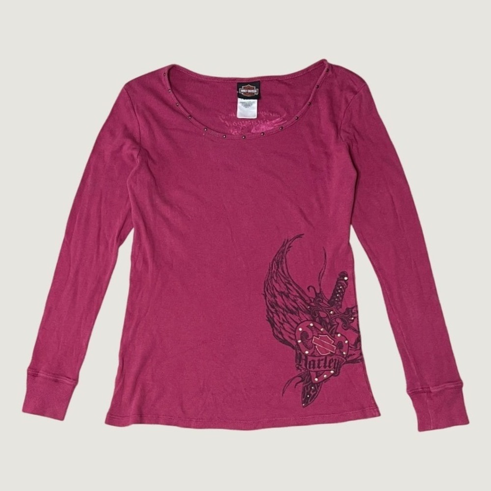 Y2K 2000s Harley Davidson Long Sleeve Henley Studded Angel Wings Heart Pink XL